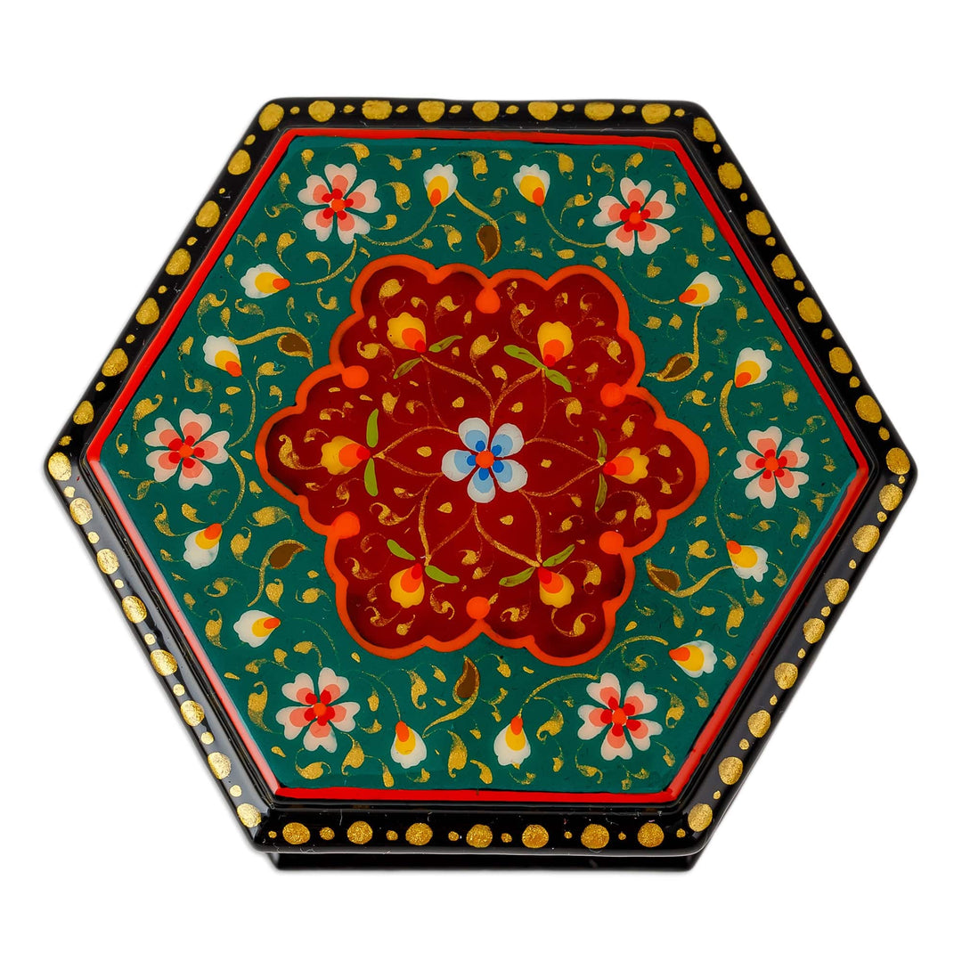 Floral Hexagon-Shaped Teal and Red Papier Mache Jewelry Box - Altar to Splendor