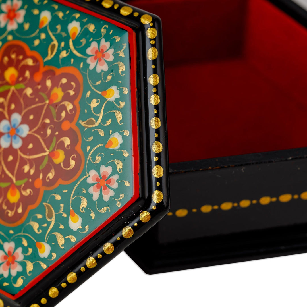 Floral Hexagon-Shaped Teal and Red Papier Mache Jewelry Box - Altar to Splendor