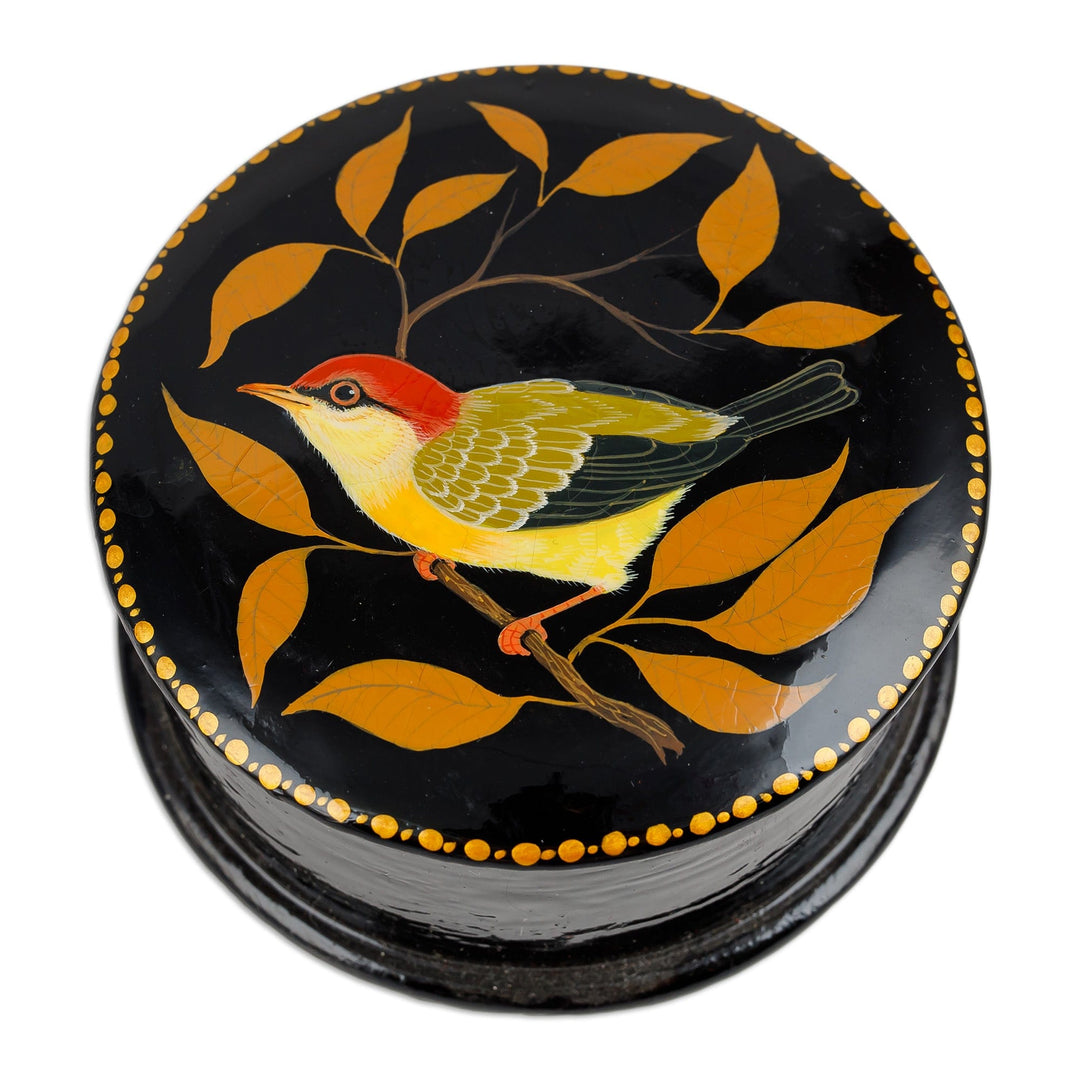 Painted Bird and Leafy-Themed Orange and Yellow Jewelry Box - Chant for Tenderness
