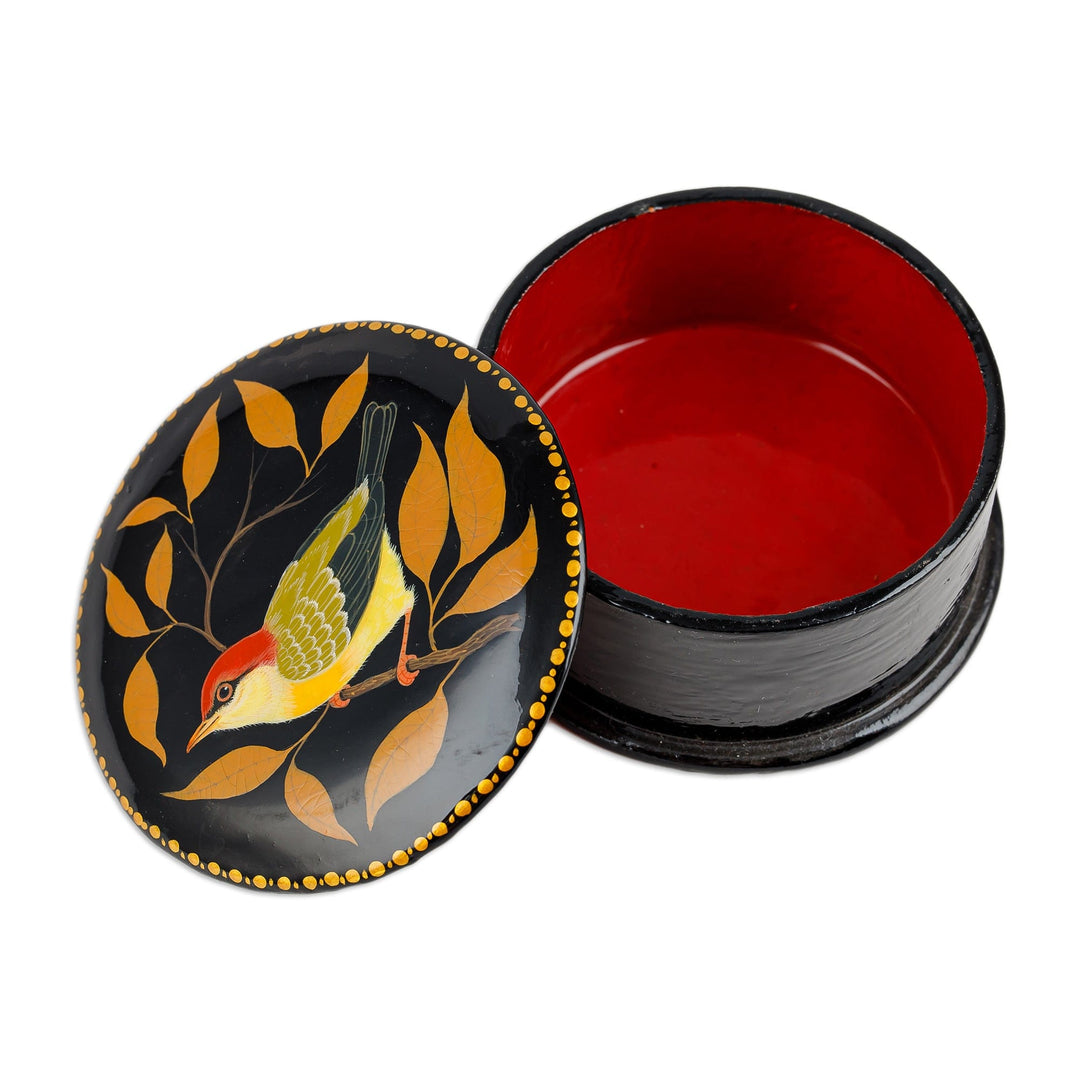 Painted Bird and Leafy-Themed Orange and Yellow Jewelry Box - Chant for Tenderness