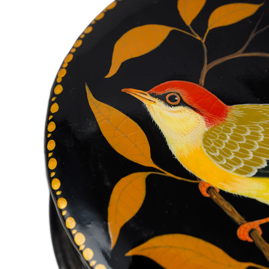 Painted Bird and Leafy-Themed Orange and Yellow Jewelry Box - Chant for Tenderness