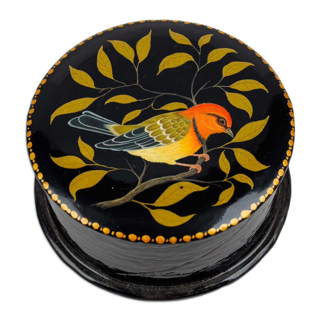 Painted Bird and Leafy-Themed Yellow and Orange Jewelry Box - Chant for Joy