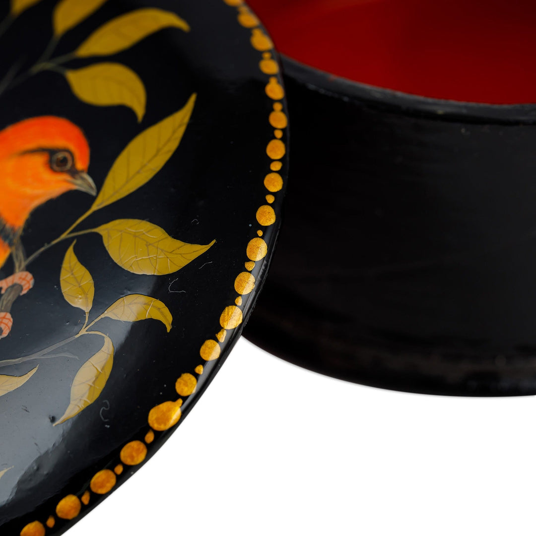 Painted Bird and Leafy-Themed Yellow and Orange Jewelry Box - Chant for Joy