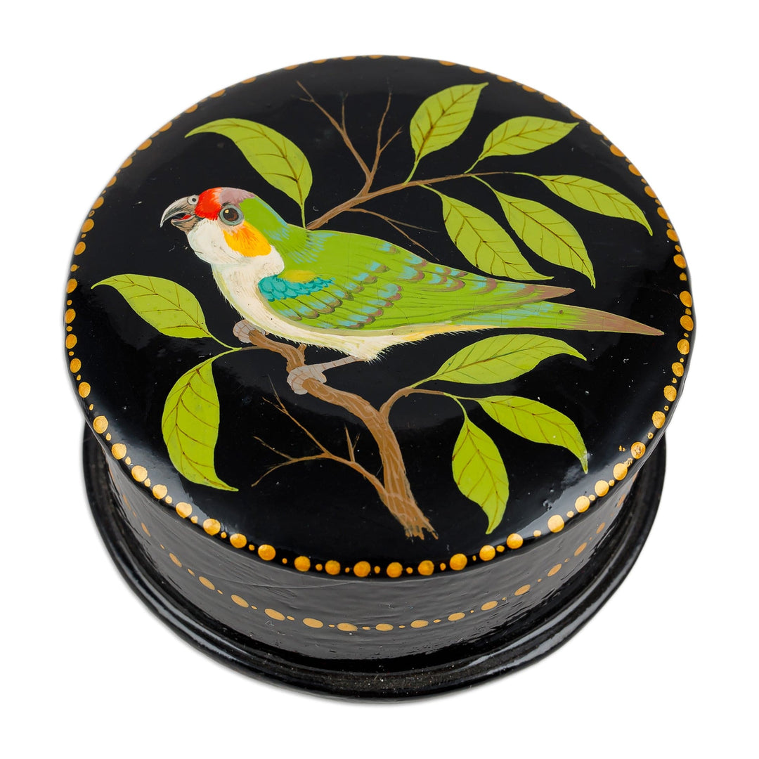 Painted Bird and Leafy-Themed Green and Black Jewelry Box - Chant for Renewal