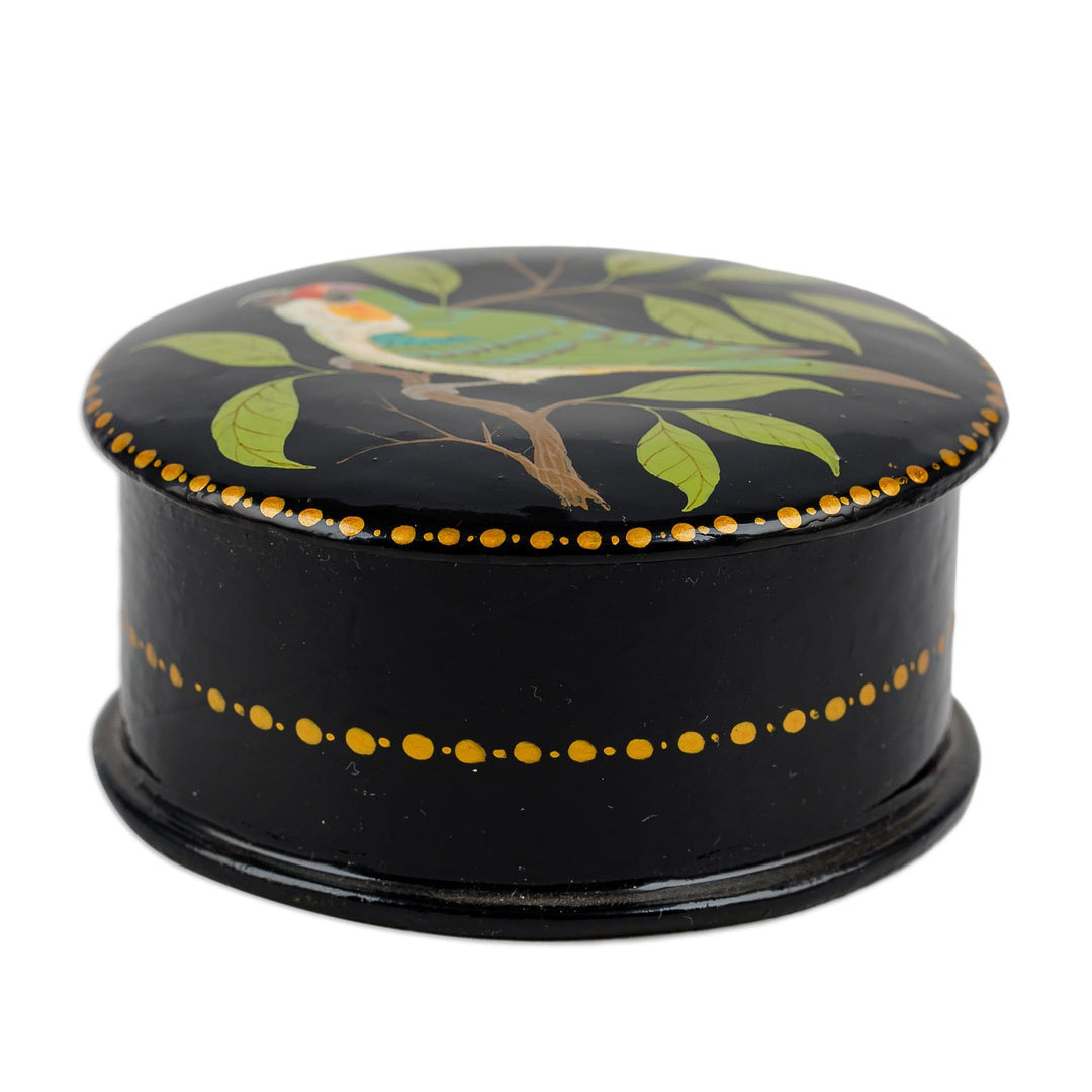 Painted Bird and Leafy-Themed Green and Black Jewelry Box - Chant for Renewal