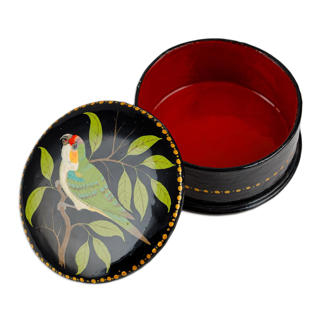 Painted Bird and Leafy-Themed Green and Black Jewelry Box - Chant for Renewal