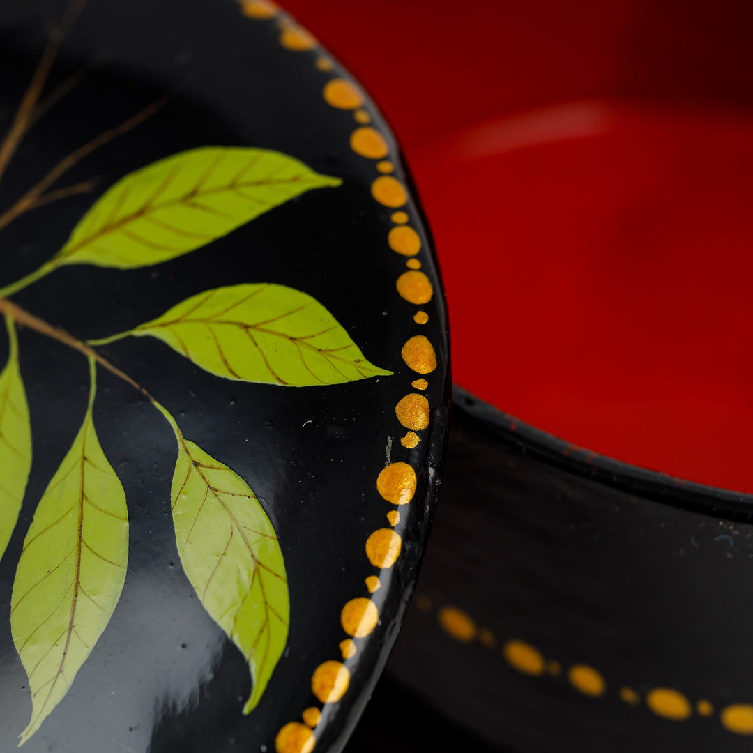Painted Bird and Leafy-Themed Green and Black Jewelry Box - Chant for Renewal