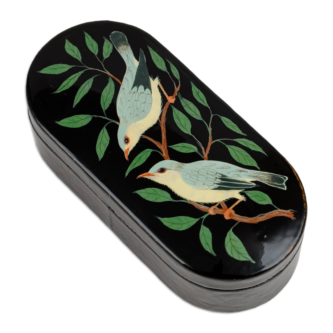 Bird-Themed Oblong-Shaped Black Papier Mache Jewelry Box - Forest Melodies