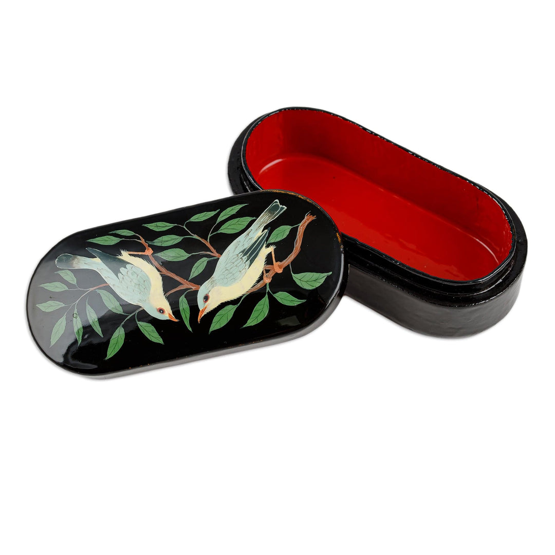 Bird-Themed Oblong-Shaped Black Papier Mache Jewelry Box - Forest Melodies
