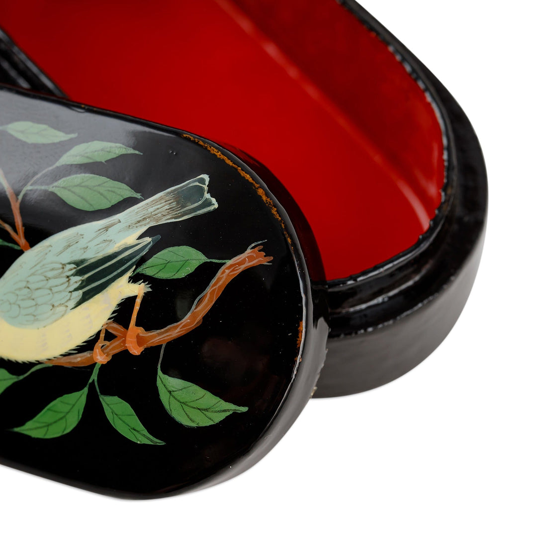 Bird-Themed Oblong-Shaped Black Papier Mache Jewelry Box - Forest Melodies