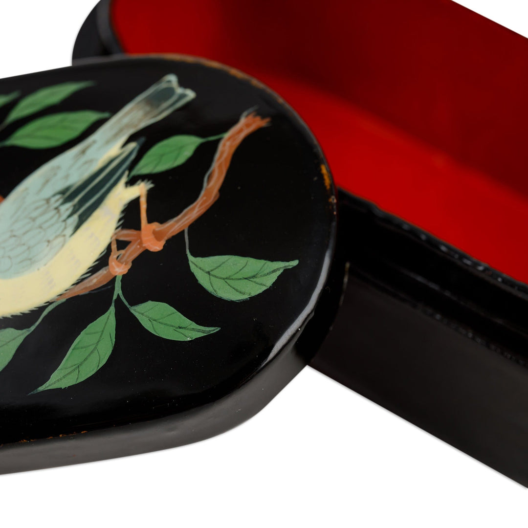 Bird-Themed Oblong-Shaped Black Papier Mache Jewelry Box - Forest Melodies