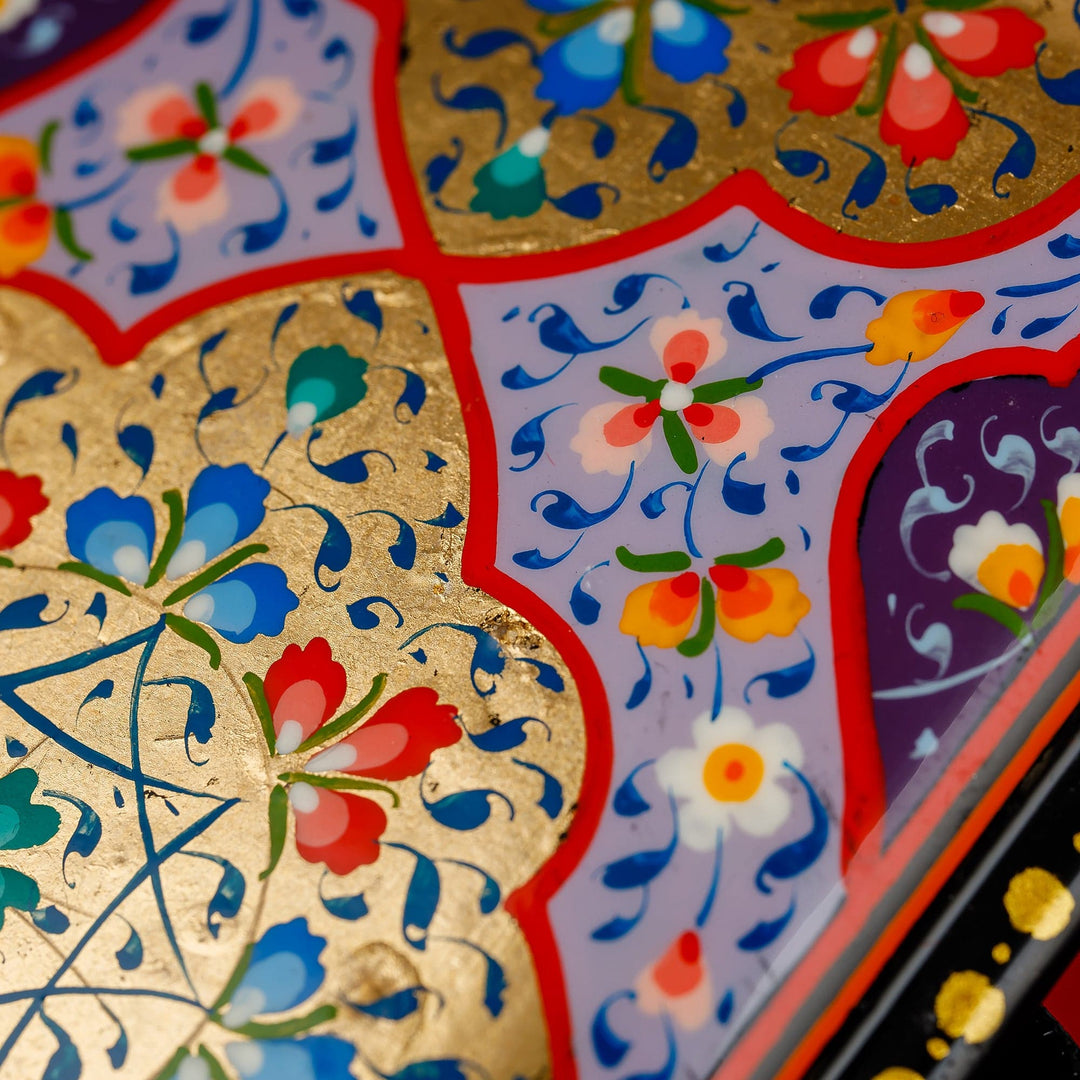 Hand-Painted Golden and Purple Papier Mache Jewelry Box - Vibrant Sublime