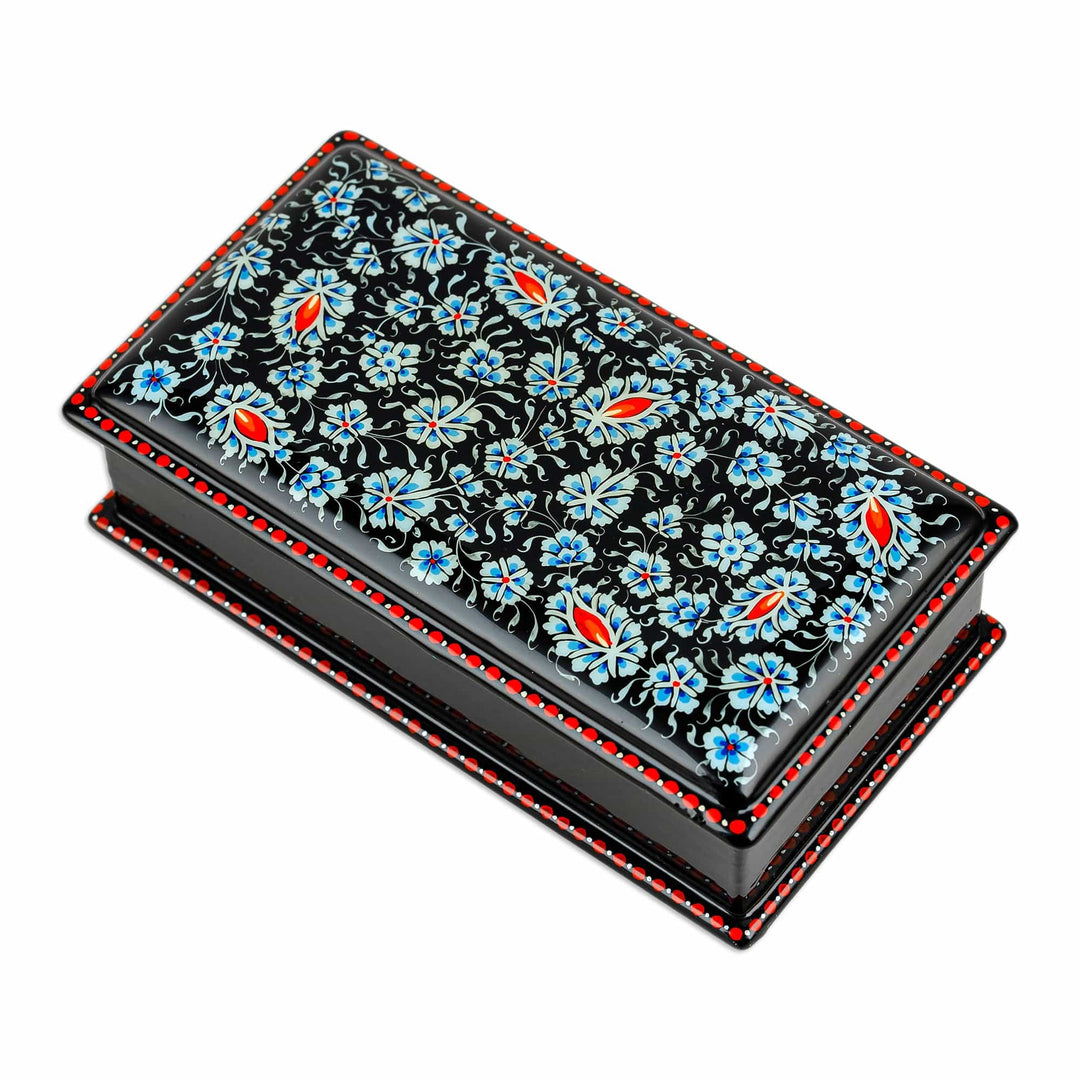 Hand-Painted Floral Blue and Red Papier Mache Jewelry Box - Blue Bewitchment