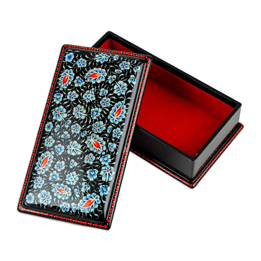 Hand-Painted Floral Blue and Red Papier Mache Jewelry Box - Blue Bewitchment