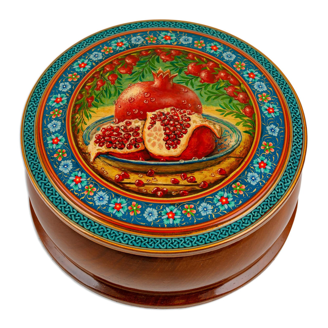 Pomegranate-Themed Painted Round Walnut Wood Jewelry Box - Sweet Prophecy