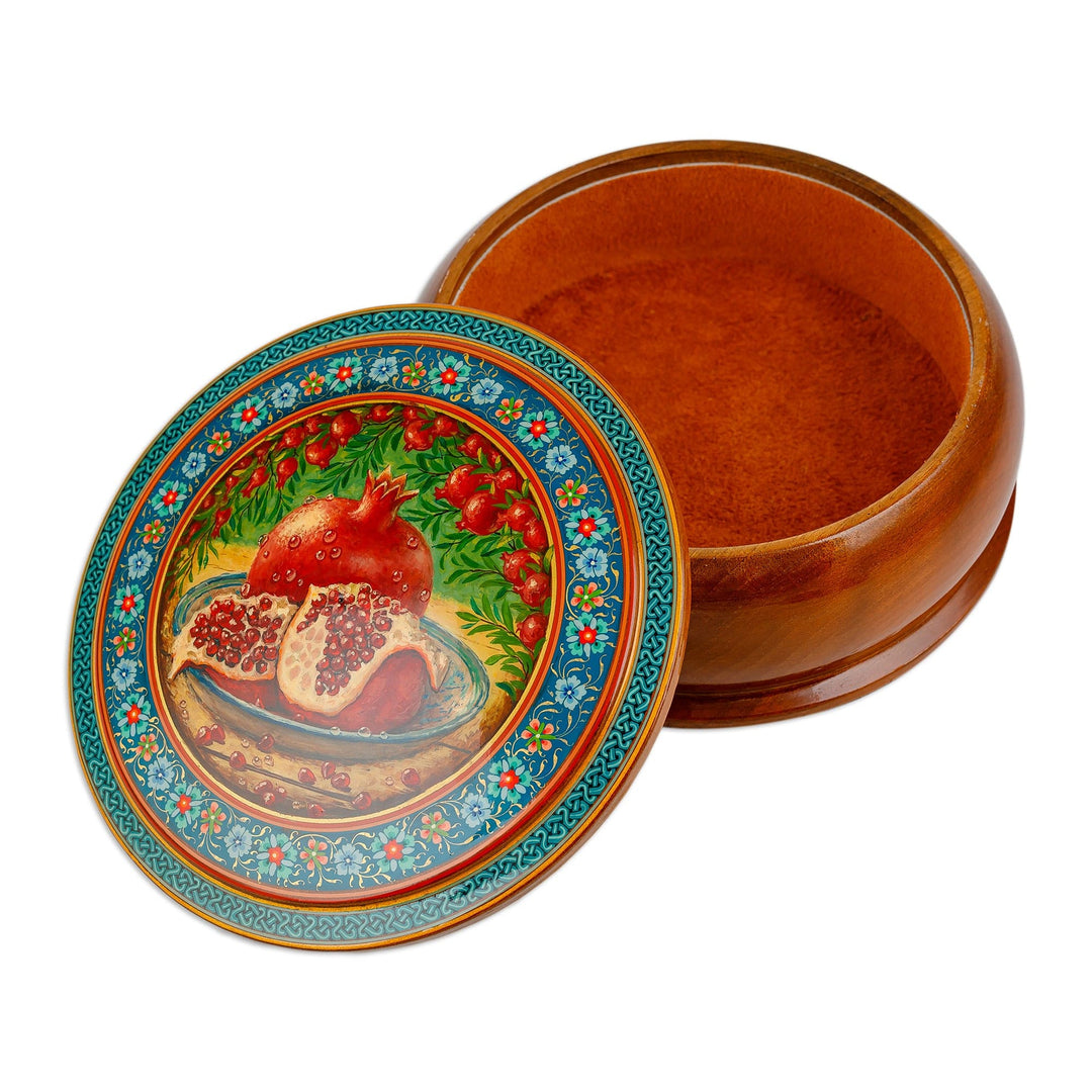Pomegranate-Themed Painted Round Walnut Wood Jewelry Box - Sweet Prophecy