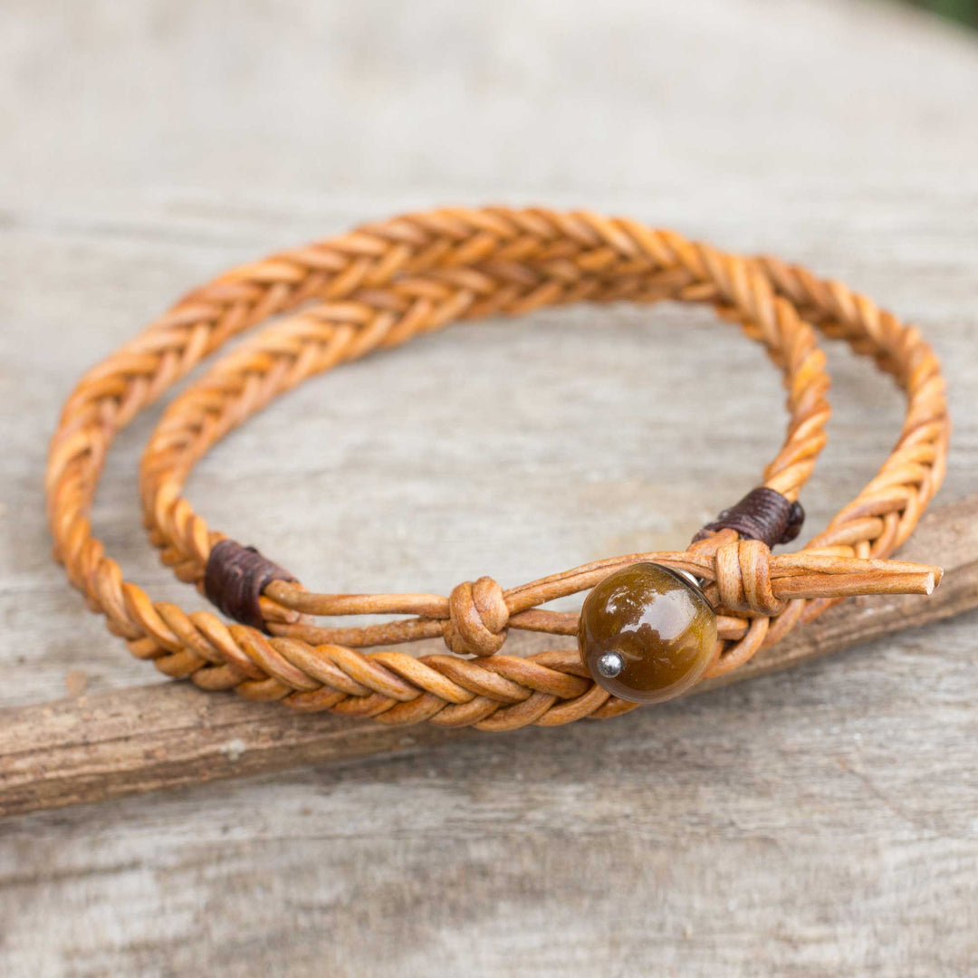 Golden Brown Leather Braid Wrap Bracelet for Men - Double Hug