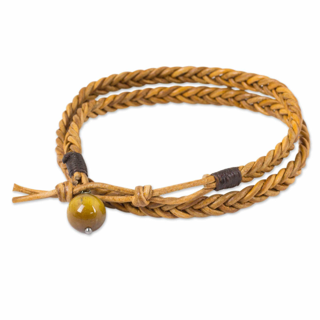 Golden Brown Leather Braid Wrap Bracelet for Men - Double Hug