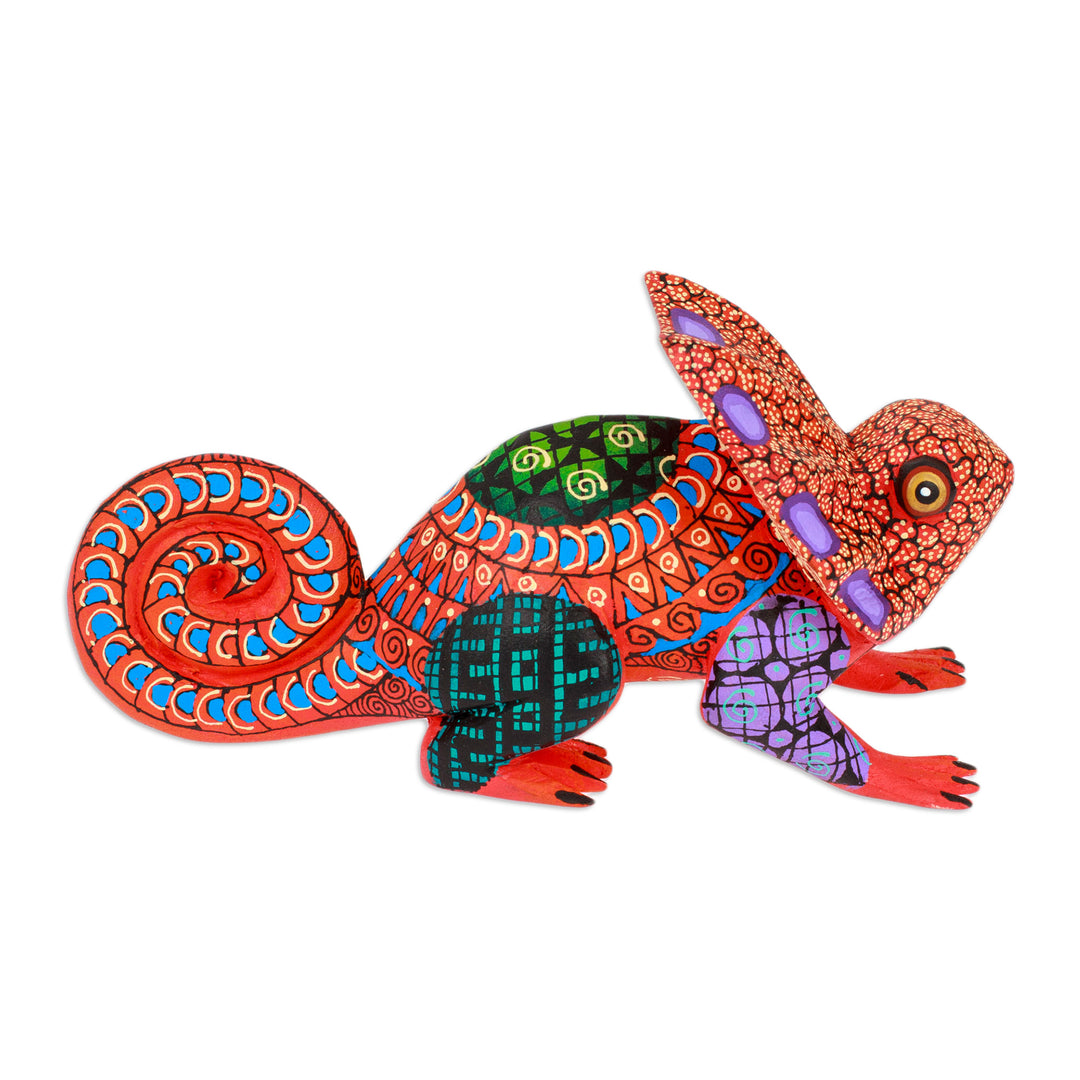 Painted Strawberry Copal Wood Chameleon Alebrije Figurine - Chameleonic Strawberry