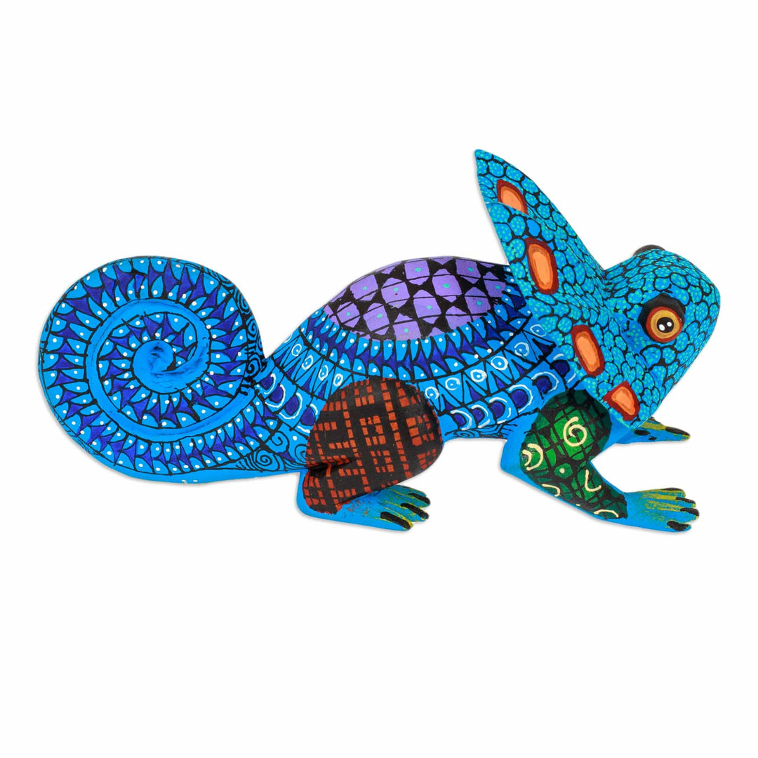 Hand-Painted Blue Copal Wood Chameleon Alebrije Figurine - Chameleonic Blue