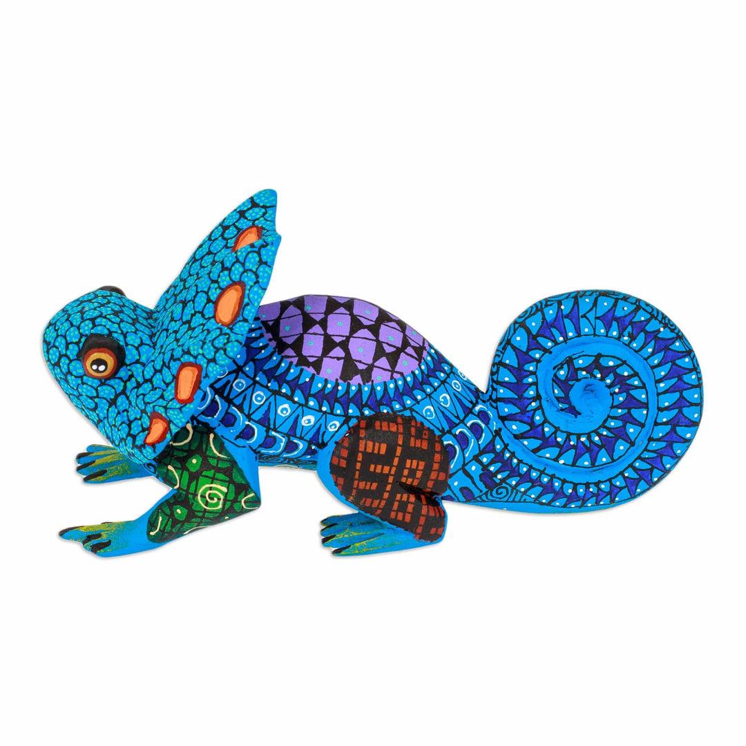 Hand-Painted Blue Copal Wood Chameleon Alebrije Figurine - Chameleonic Blue