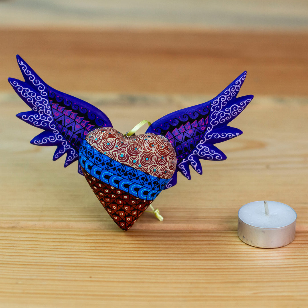 Hand-Painted Copal Wood Winged Heart Ornament in Purple - Purple Wings of the Heart
