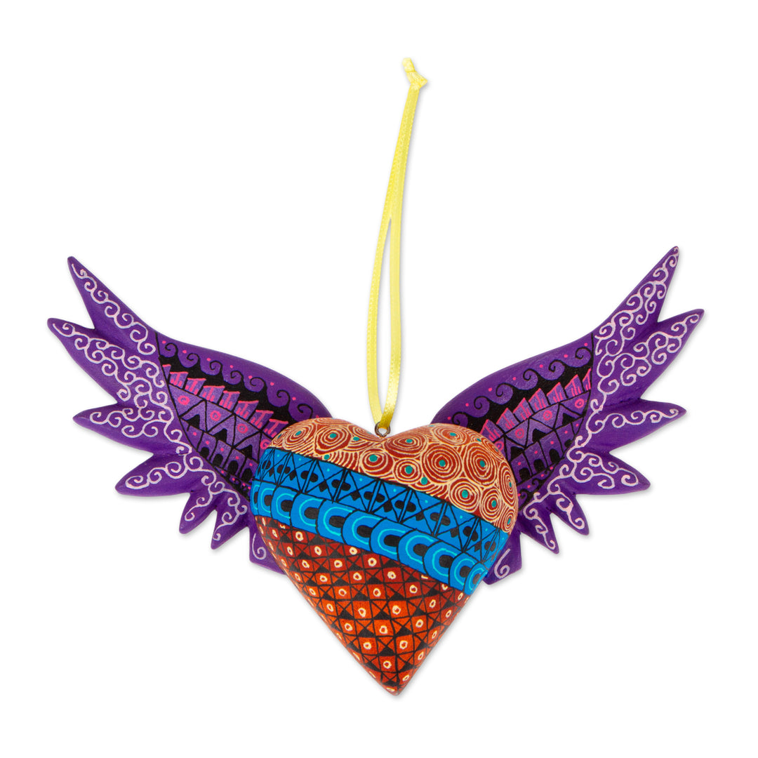 Hand-Painted Copal Wood Winged Heart Ornament in Purple - Purple Wings of the Heart