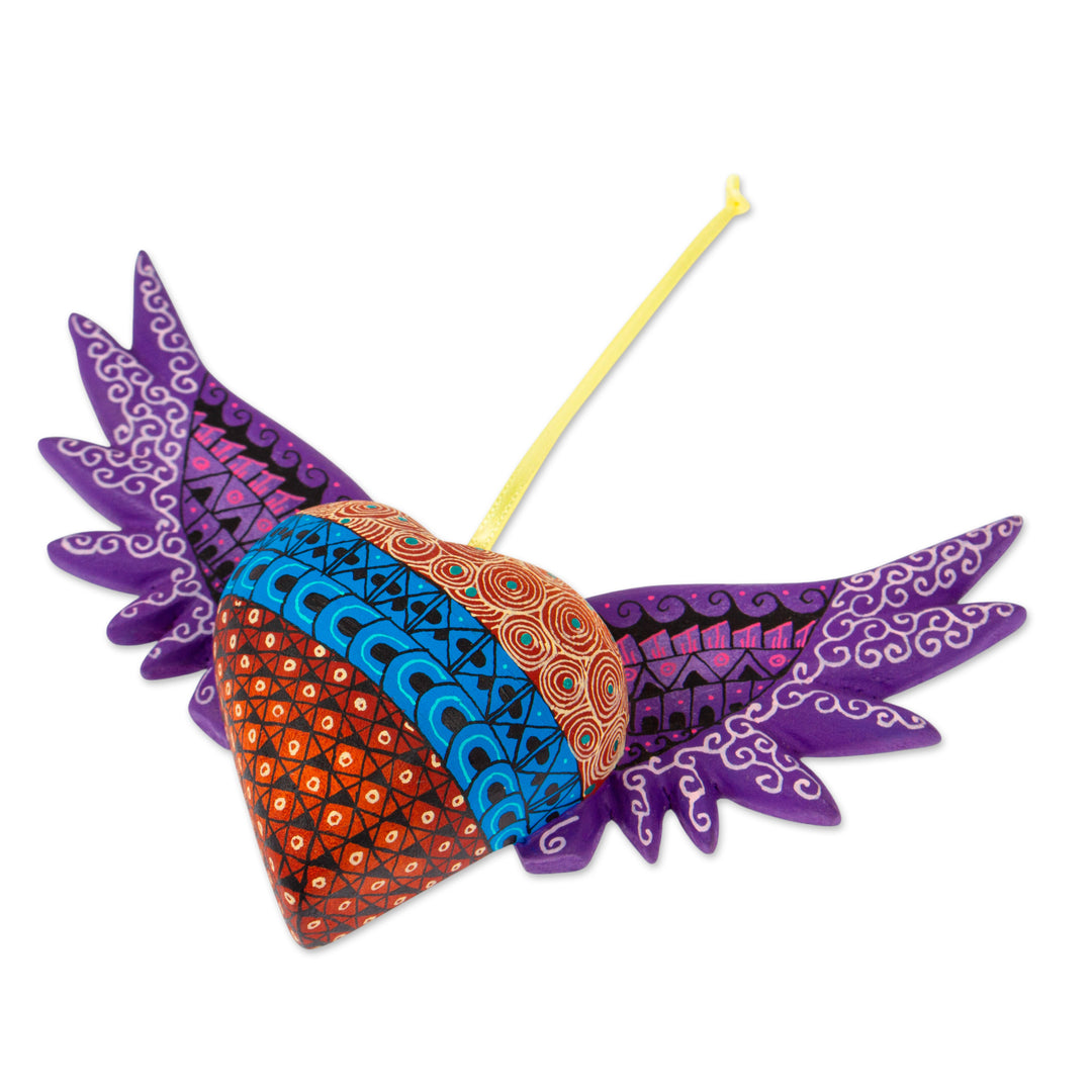 Hand-Painted Copal Wood Winged Heart Ornament in Purple - Purple Wings of the Heart