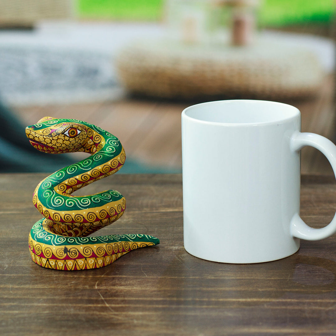 Hand-Painted Amber Copal Wood Alebrije Snake Figurine - Amber Hiss