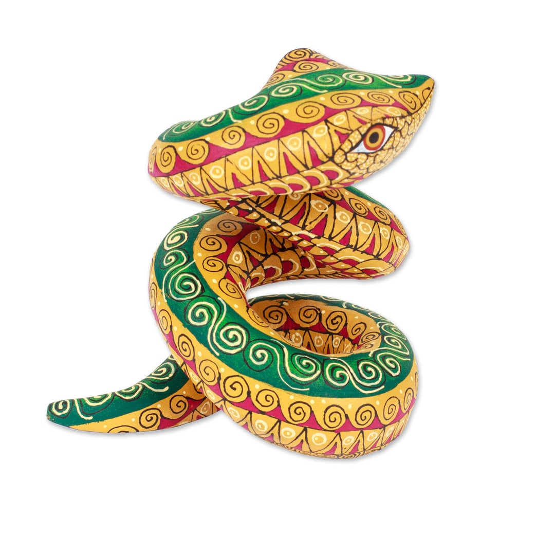 Hand-Painted Amber Copal Wood Alebrije Snake Figurine - Amber Hiss