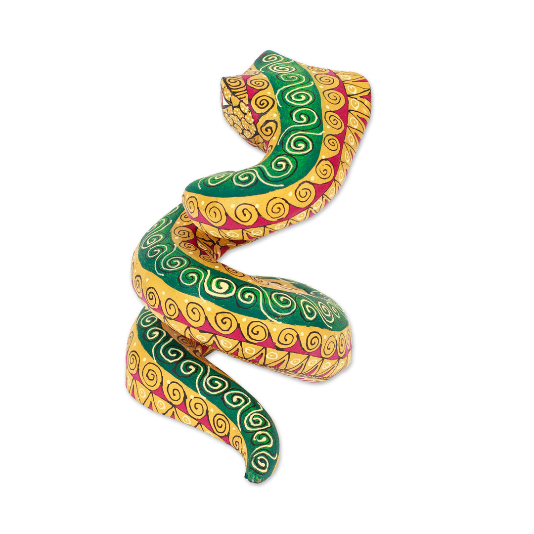 Hand-Painted Amber Copal Wood Alebrije Snake Figurine - Amber Hiss