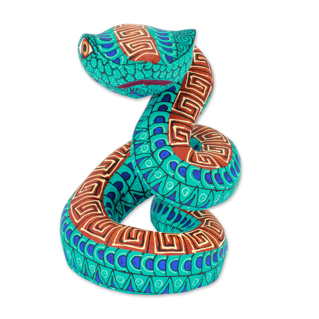 Hand-Painted Aqua Copal Wood Alebrije Snake Figurine - Aqua Hiss