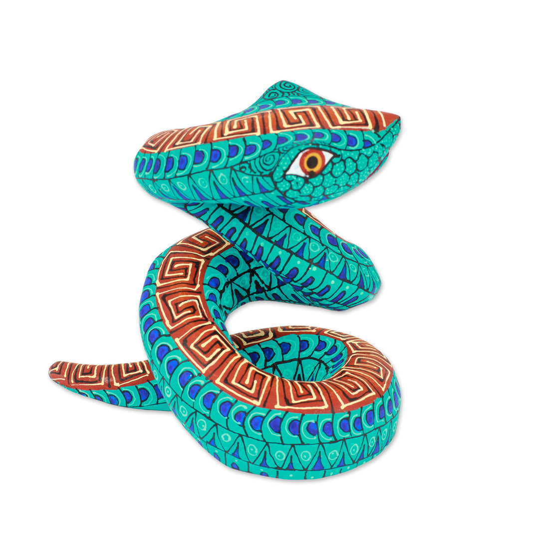 Hand-Painted Aqua Copal Wood Alebrije Snake Figurine - Aqua Hiss