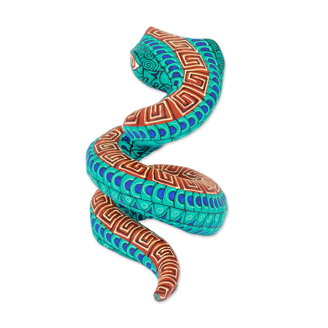 Hand-Painted Aqua Copal Wood Alebrije Snake Figurine - Aqua Hiss