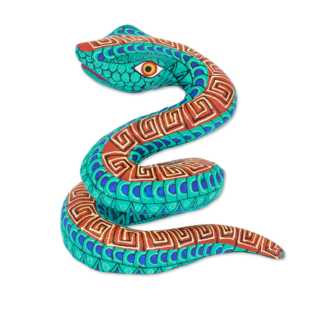Hand-Painted Aqua Copal Wood Alebrije Snake Figurine - Aqua Hiss