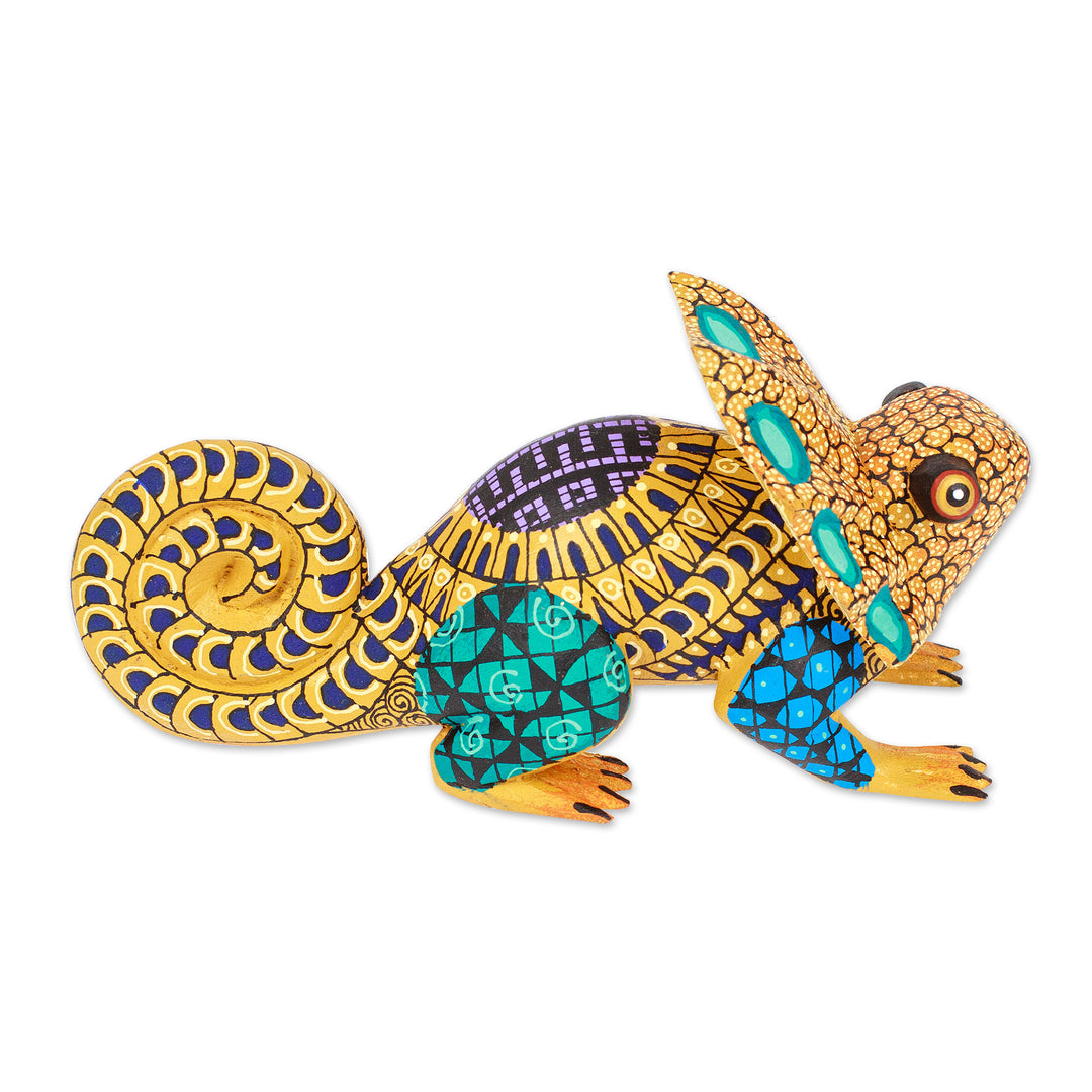 Hand-Painted Honey Copal Wood Chameleon Alebrije Figurine - Chameleonic Honey