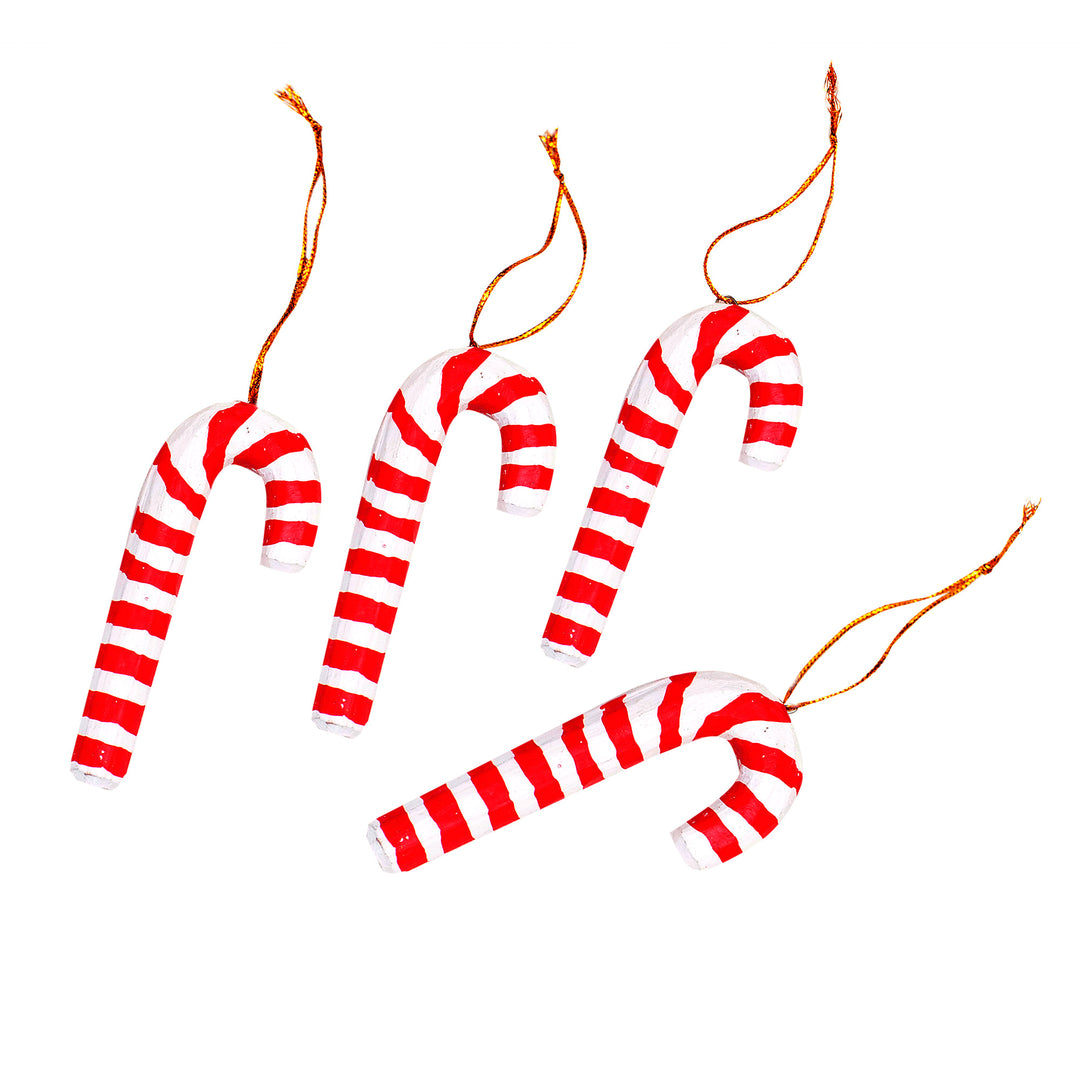 Set of 4 Red and White Candy Cane Albesia Wood Ornaments - Santa Cane