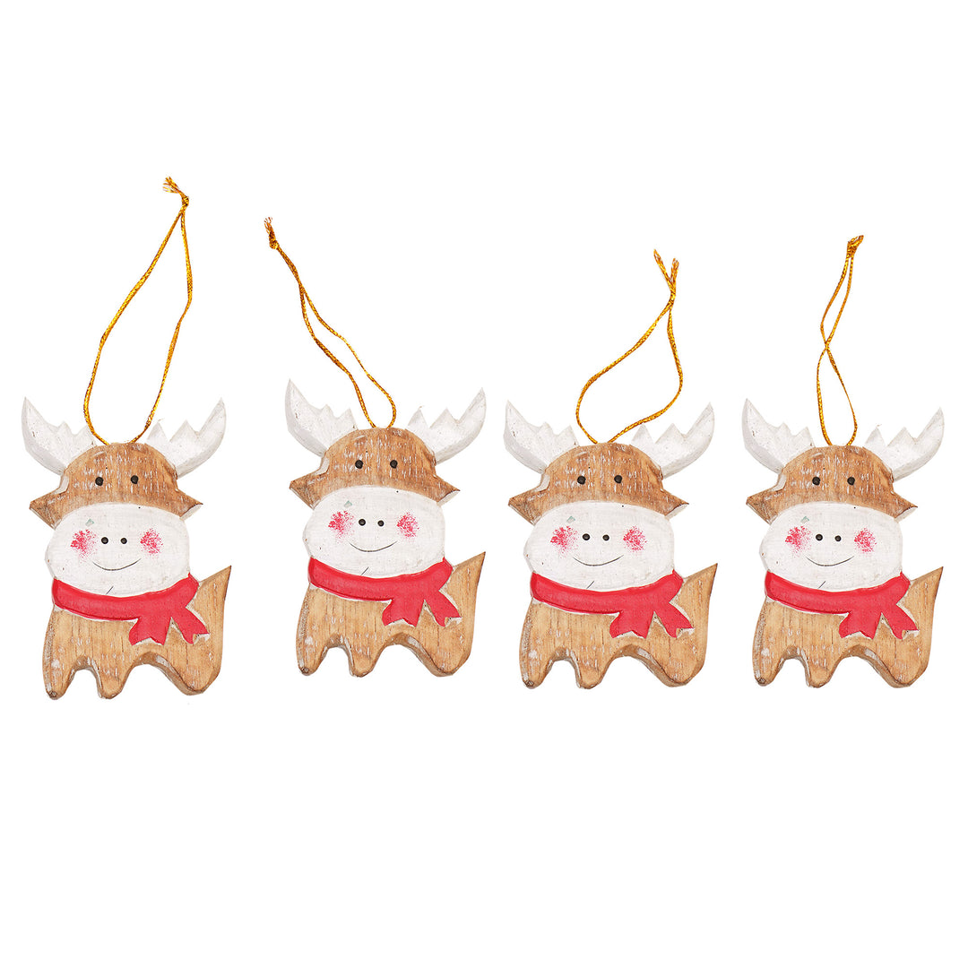 Set of 4 Hand-Painted Holiday Deer Albesia Wood Ornaments - Tiny Deer