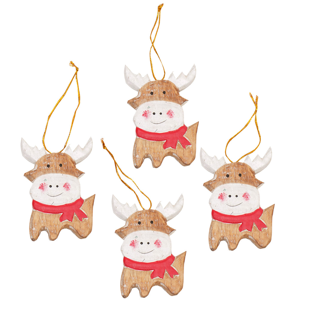Set of 4 Hand-Painted Holiday Deer Albesia Wood Ornaments - Tiny Deer