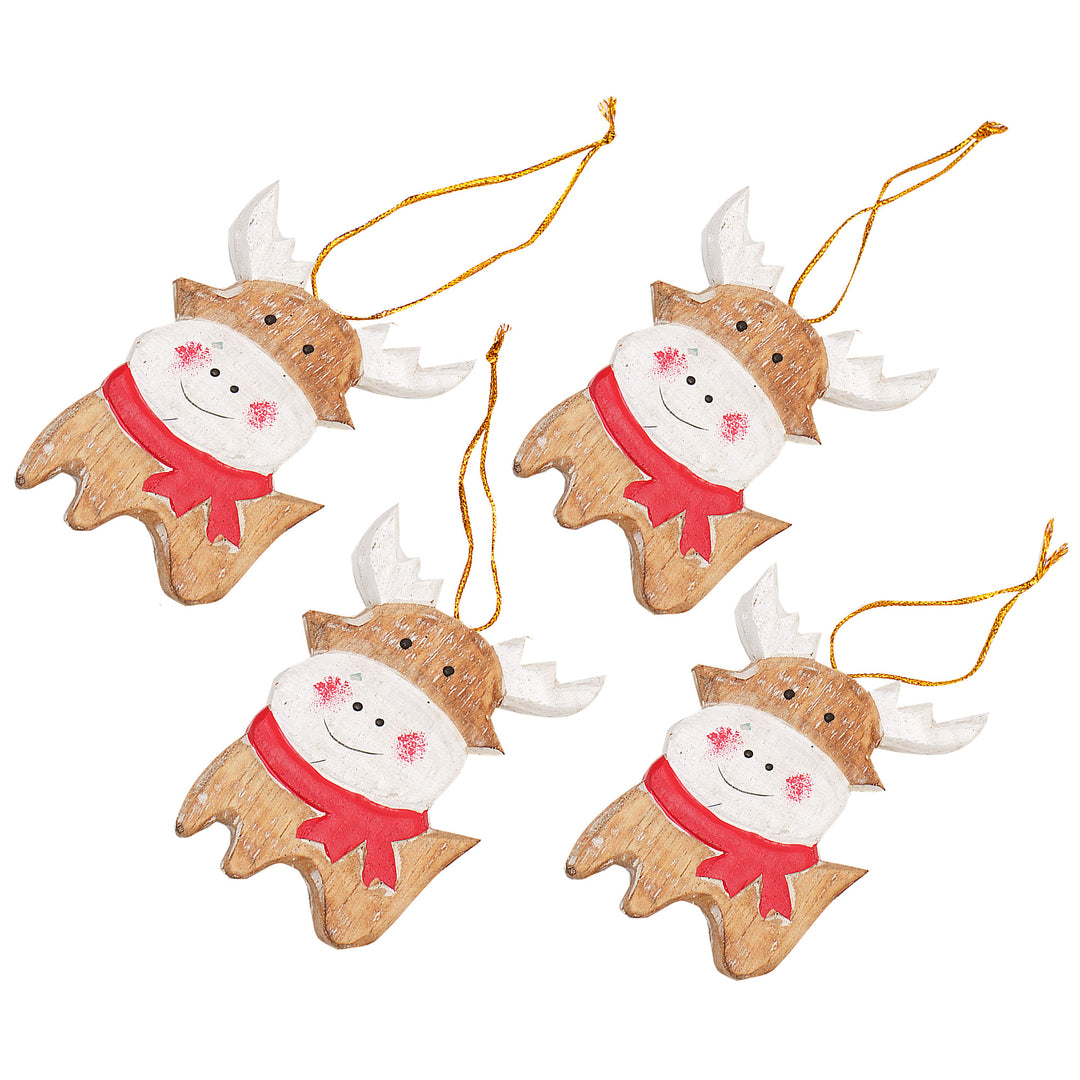 Set of 4 Hand-Painted Holiday Deer Albesia Wood Ornaments - Tiny Deer