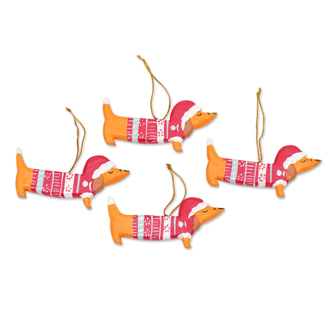 4 Hand-Painted Wood Dachshund Dog Christmas Ornaments - Merry Dachshunds