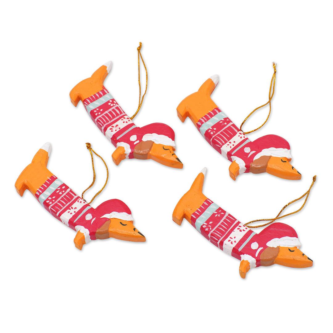 4 Hand-Painted Wood Dachshund Dog Christmas Ornaments - Merry Dachshunds