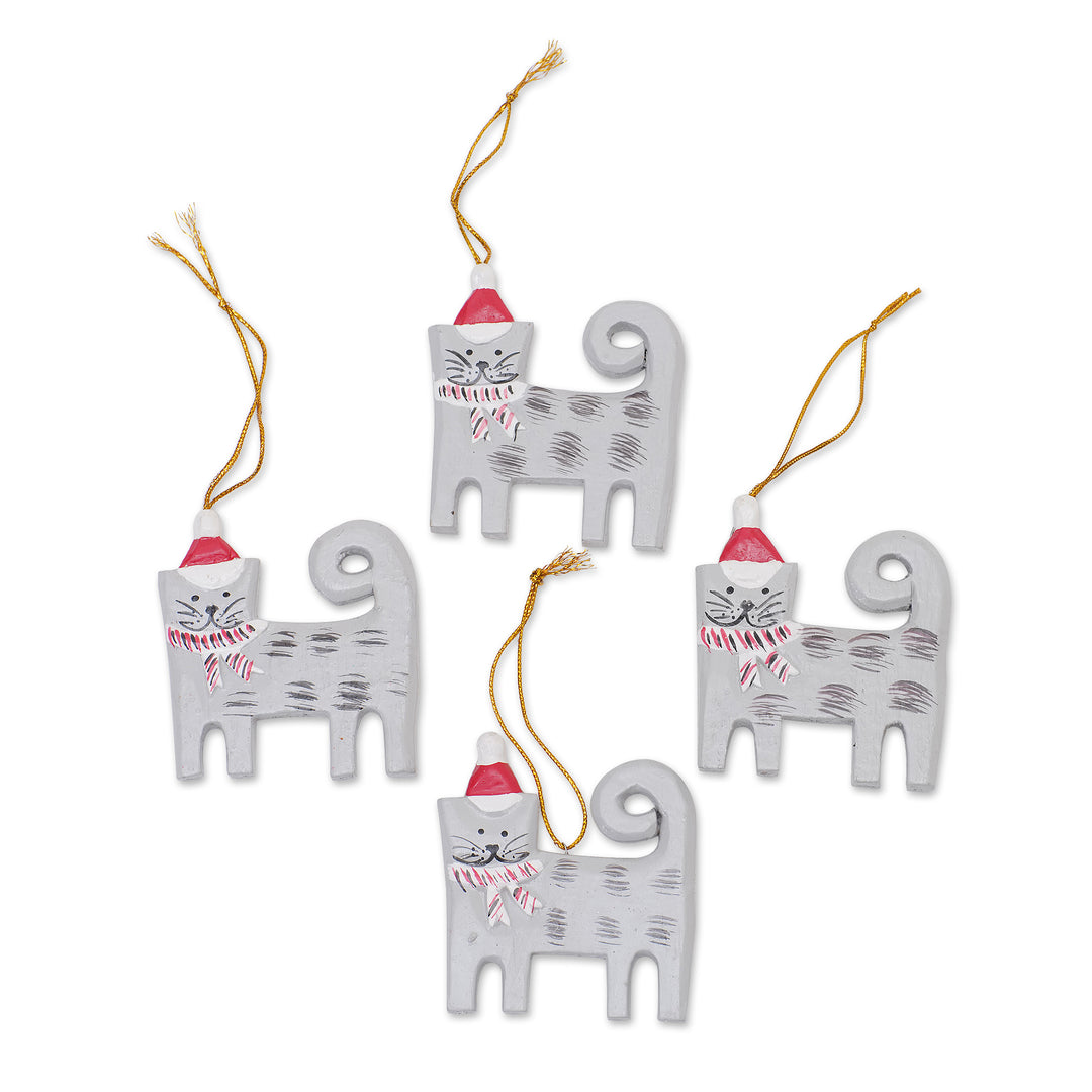 Set of 4 Hand-Painted Wood Cat Christmas Ornaments from Bali - Christmas Kitten