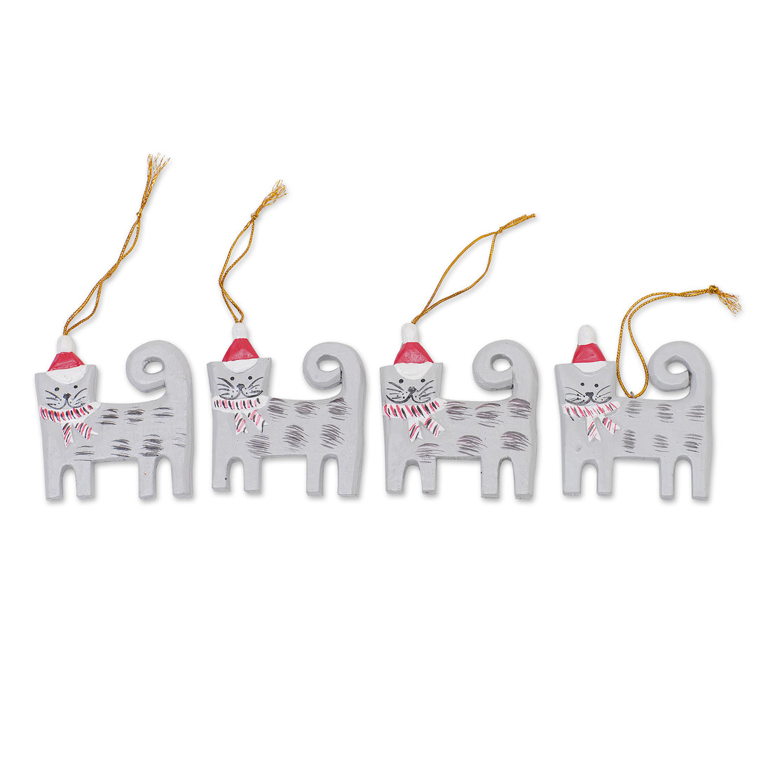 Set of 4 Hand-Painted Wood Cat Christmas Ornaments from Bali - Christmas Kitten