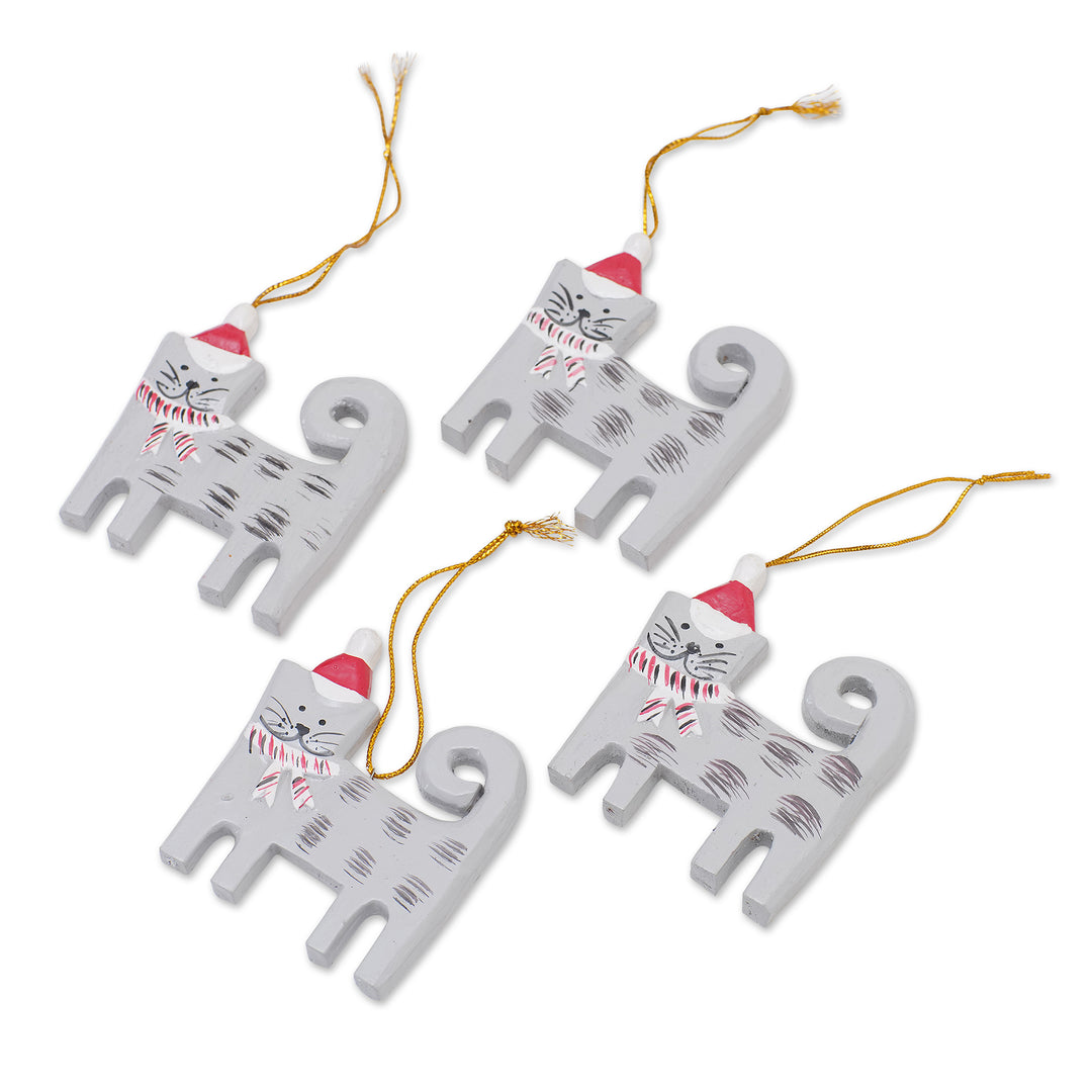 Set of 4 Hand-Painted Wood Cat Christmas Ornaments from Bali - Christmas Kitten