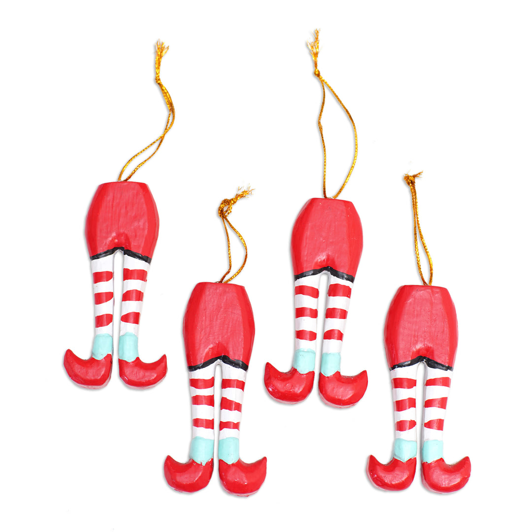 Set of 4 Hand-Painted Wood Elf Themed Ornaments from Bali - Christmas Elves