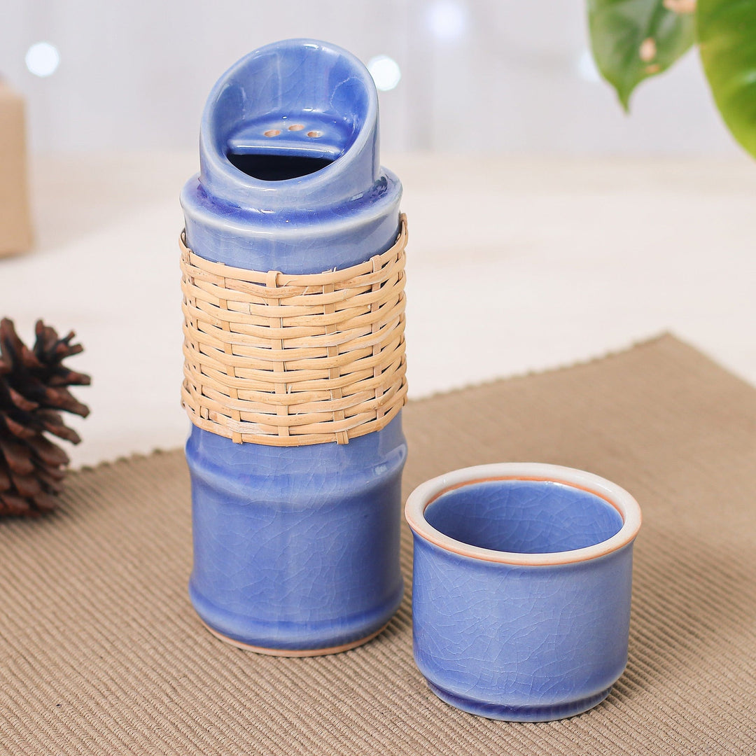 Blue Celadon Ceramic and Rattan Bamboo-Themed Water Bottle - Blue Bamboo
