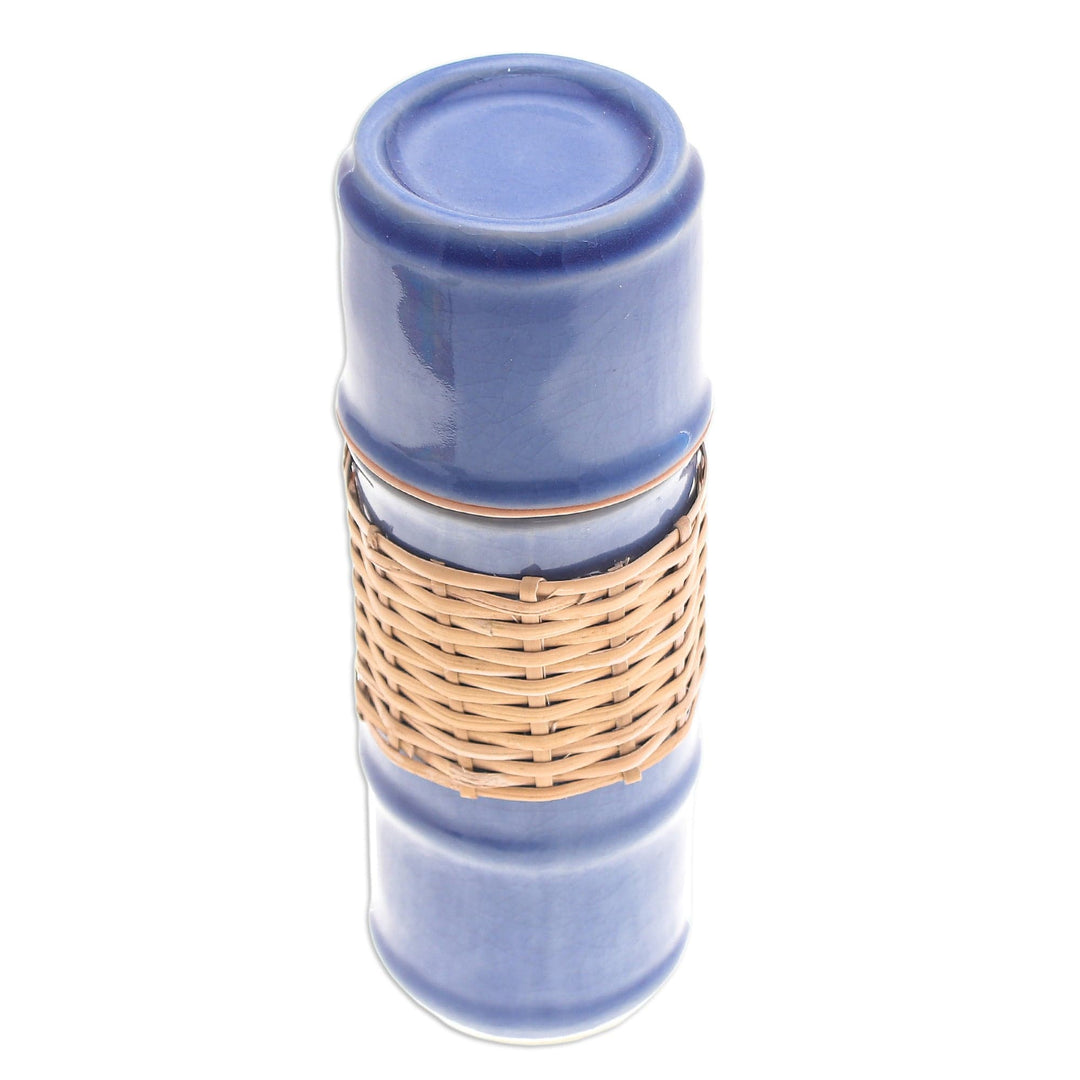 Blue Celadon Ceramic and Rattan Bamboo-Themed Water Bottle - Blue Bamboo