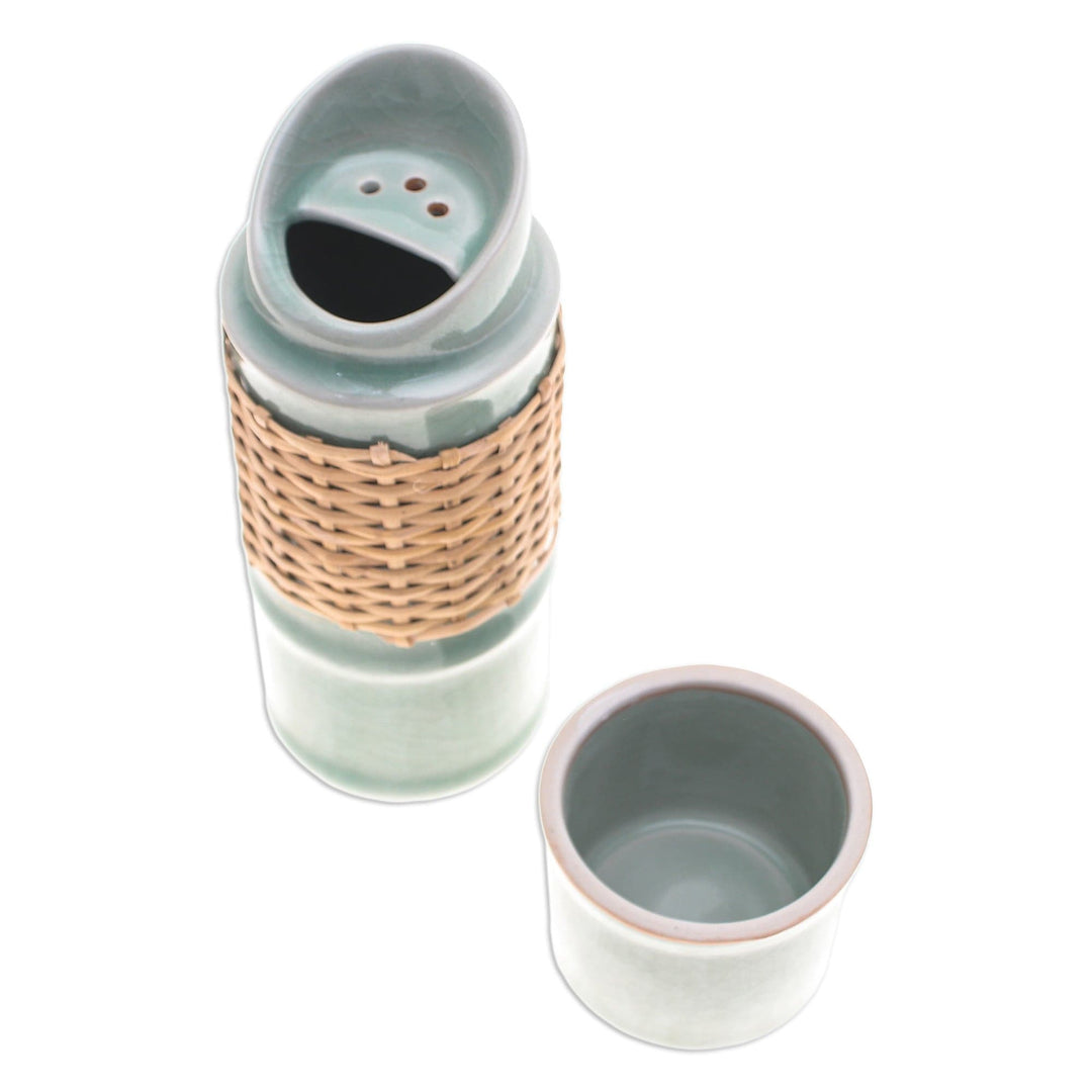 Green Celadon Ceramic and Rattan Bamboo-Themed Water Bottle - Green Bamboo