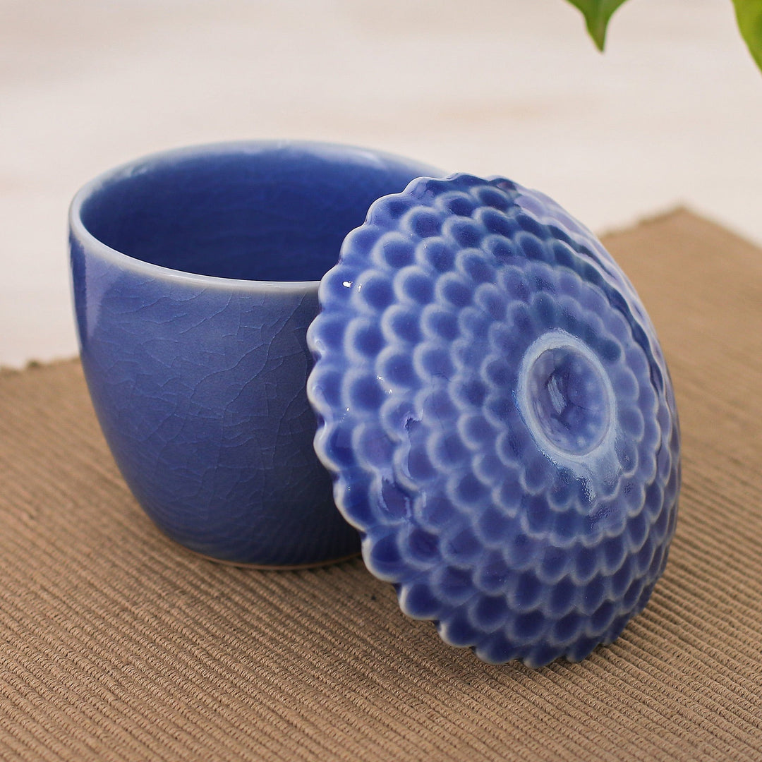 Blue Handmade Celadon Ceramic Sunflower Themed Salsa Bowl - Sunflower in Blue